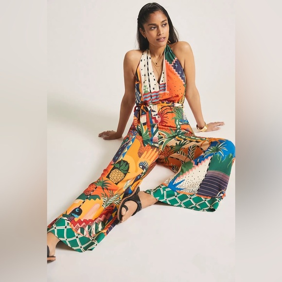 Farm Rio x Anthropologie Halter Jumpsuit, Size Large - Picture 2 of 16
